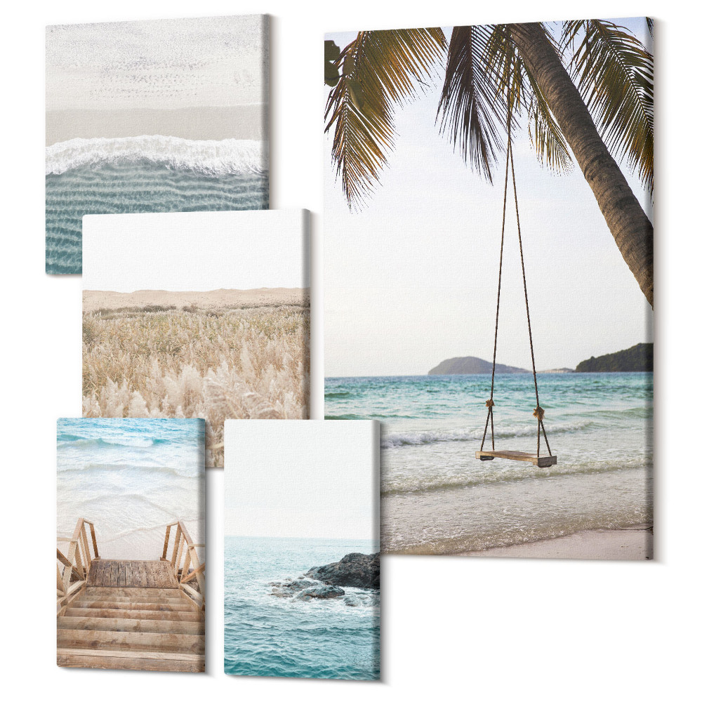 Zestaw obrazów pentaptyk na ścianę Relaksujące widoki nadmorskie z plażą i falami