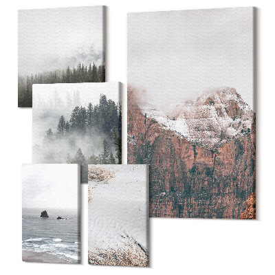 Zestaw obrazów na płótnie pentaptyk Naturalne krajobrazy góry lasy i wybrzeża w chmurach
