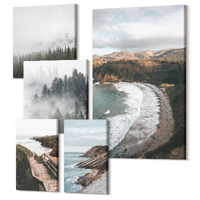 Zestaw obrazów pentaptyk na ścianę Krajobrazy nadmorskie z lasami i wzgórzami górskimi