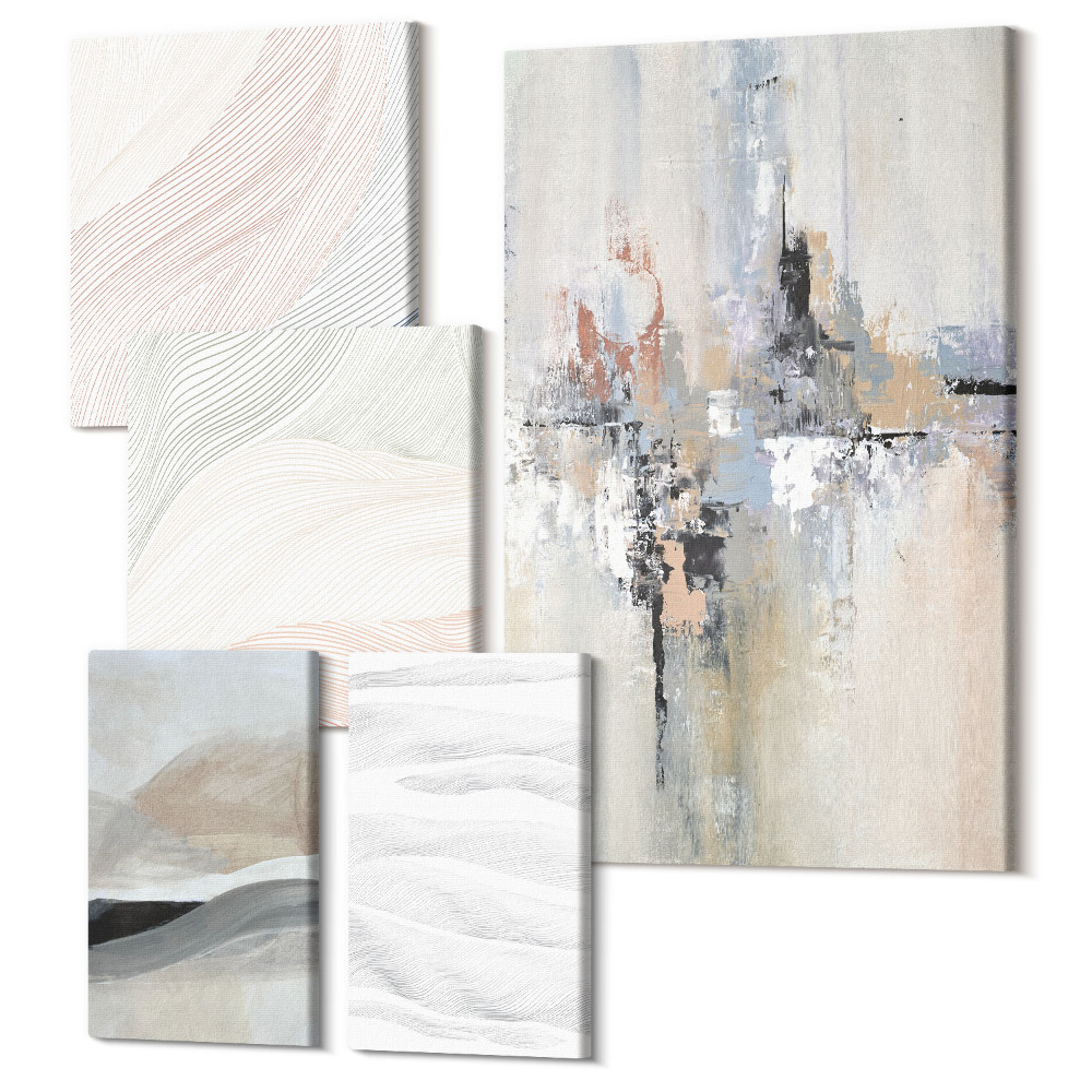 Zestaw obrazów na płótnie pentaptyk Abstrakcyjne kompozycje w delikatnych odcieniach i formach