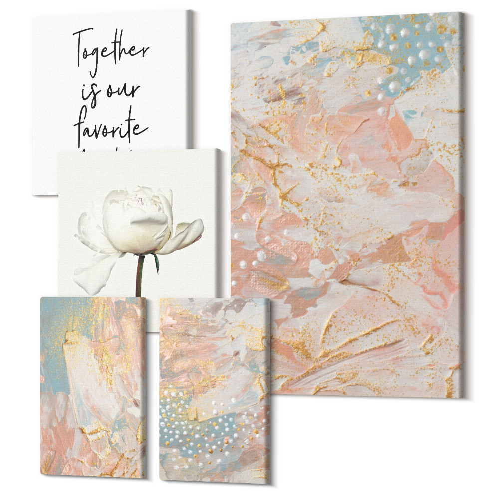 Zestaw obrazów pentaptyk na ścianę Abstrakcyjne kompozycje z kwiatami i inspirującymi hasłami