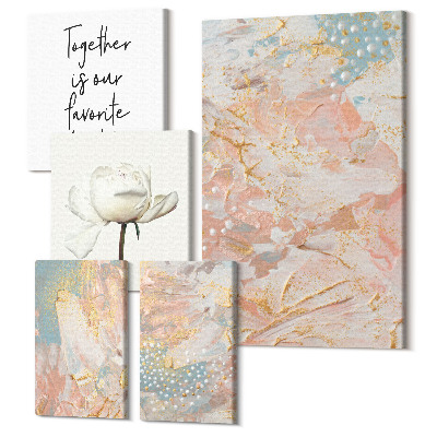 Zestaw obrazów pentaptyk na ścianę Abstrakcyjne kompozycje z kwiatami i inspirującymi hasłami