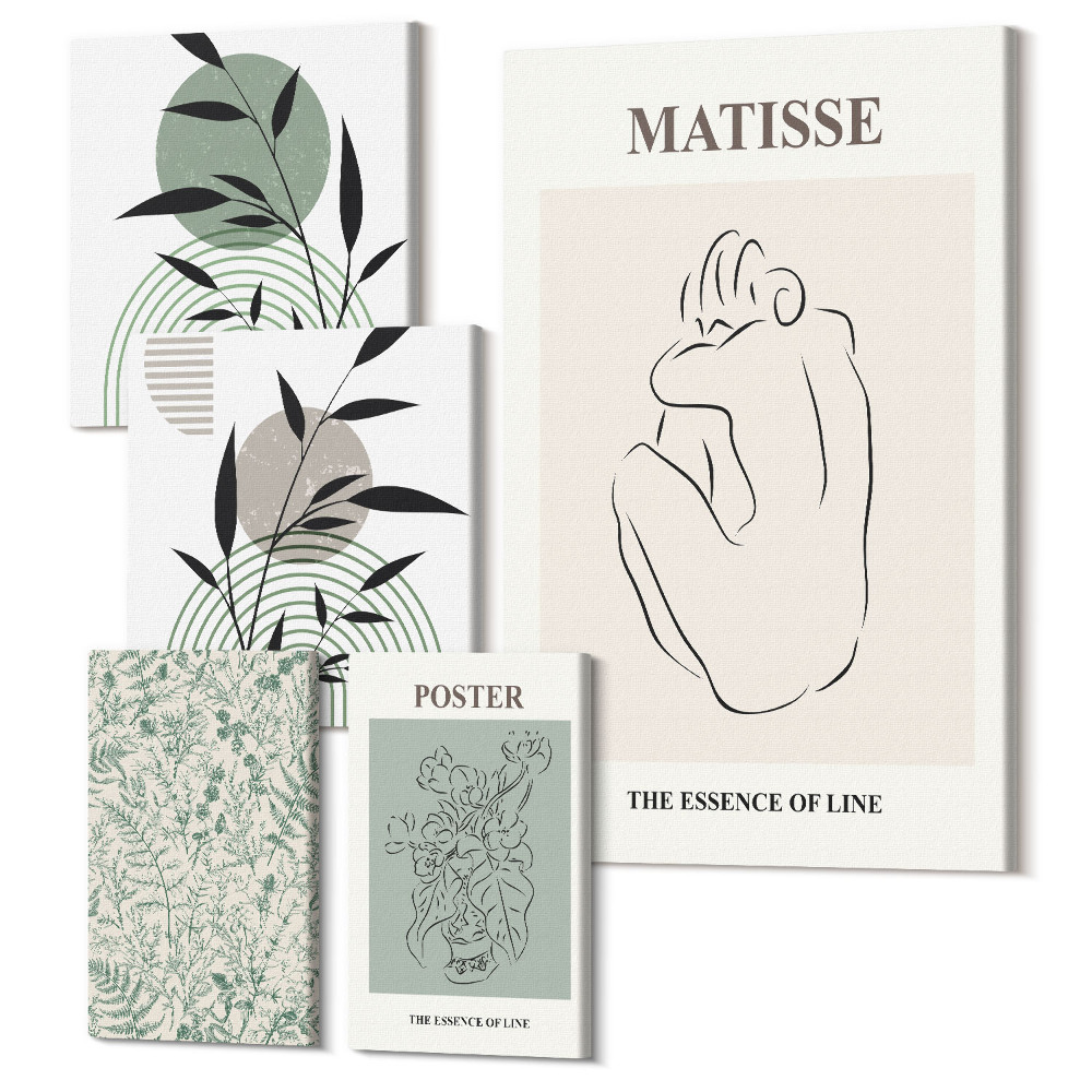 Zestaw obrazów na płótnie pentaptyk Stylowe grafiki z roślinnymi motywami i liniami