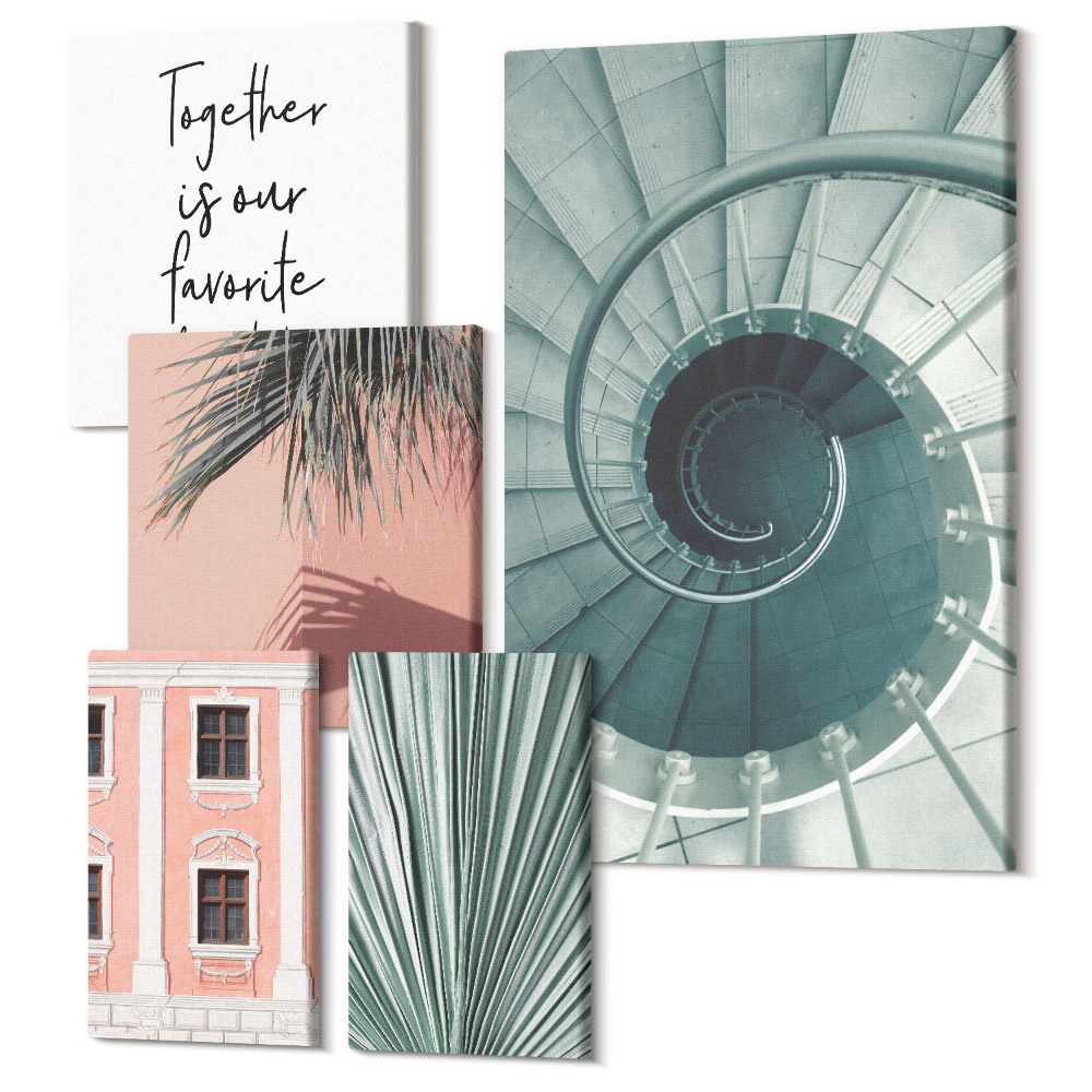 Zestaw obrazów pentaptyk na ścianę Stylowe wnętrza z geometrycznymi wzorami i roślinami