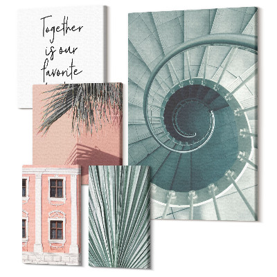 Zestaw obrazów pentaptyk na ścianę Stylowe wnętrza z geometrycznymi wzorami i roślinami