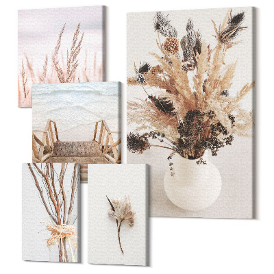 Zestaw obrazów na płótnie pentaptyk Stylowe dekoracje z suszonymi roślinami i krajobrazami wodnymi