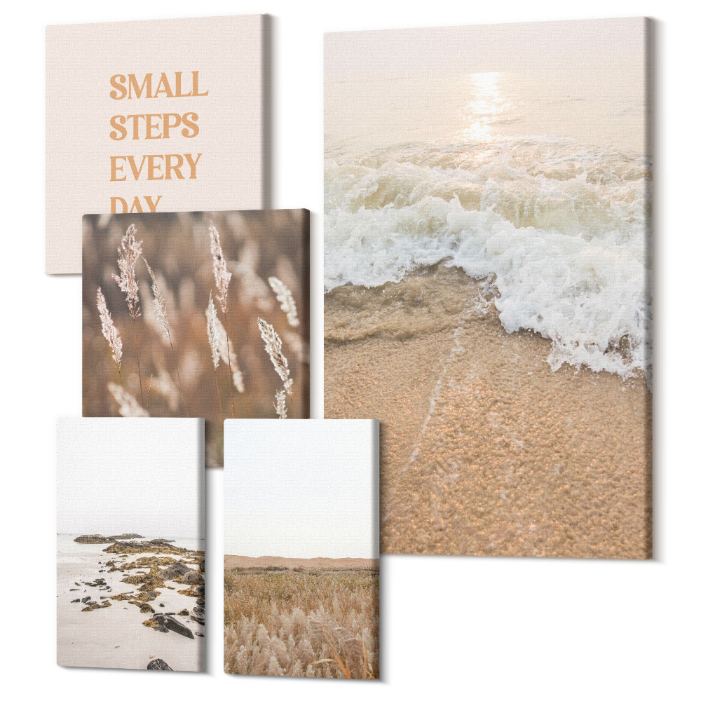 Zestaw obrazów 5 części pentaptyk Nadmorskie pejzaże z inspirującymi cytatami o życiu