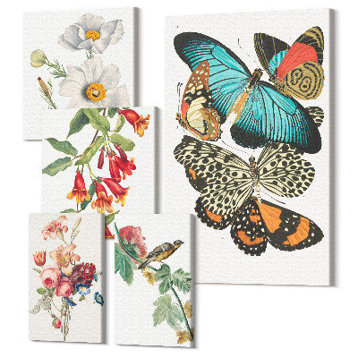 Zestaw obrazów na płótnie pentaptyk Kwiaty motyle i ptaki w stylu vintage dekoracje ścienne