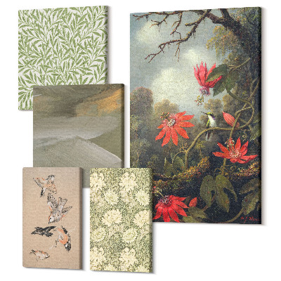 Zestaw obrazów pentaptyk na ścianę Kwiaty i ptaki w naturalnych motywach dekoracyjnych