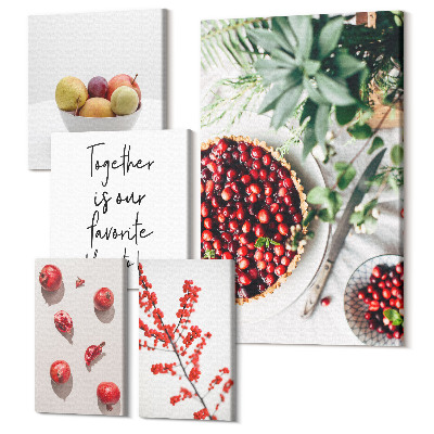 Zestaw obrazów na płótnie pentaptyk Owocowe kompozycje z motywami roślinnymi i tekstem