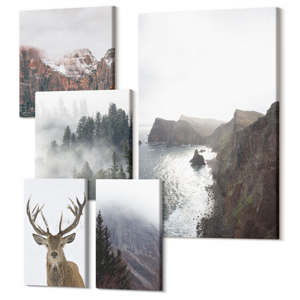 Zestaw obrazów pentaptyk na ścianę Naturalne krajobrazy z dziką przyrodą i zwierzętami