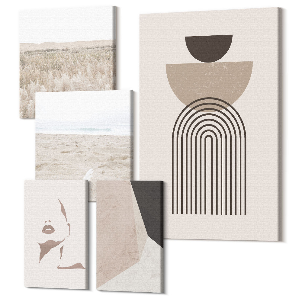 Zestaw obrazów na płótnie pentaptyk Stylowe abstrakcje i naturalne pejzaże w stonowanej estetyce