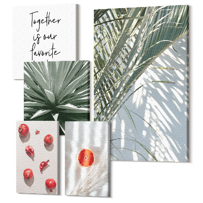 Zestaw obrazów pentaptyk na ścianę Styl boho z roślinnymi motywami i owocami tropikalnymi