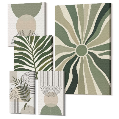 Zestaw obrazów na płótnie pentaptyk Stylowe grafiki w odcieniach zieleni z motywami roślinnymi i geometrycznymi