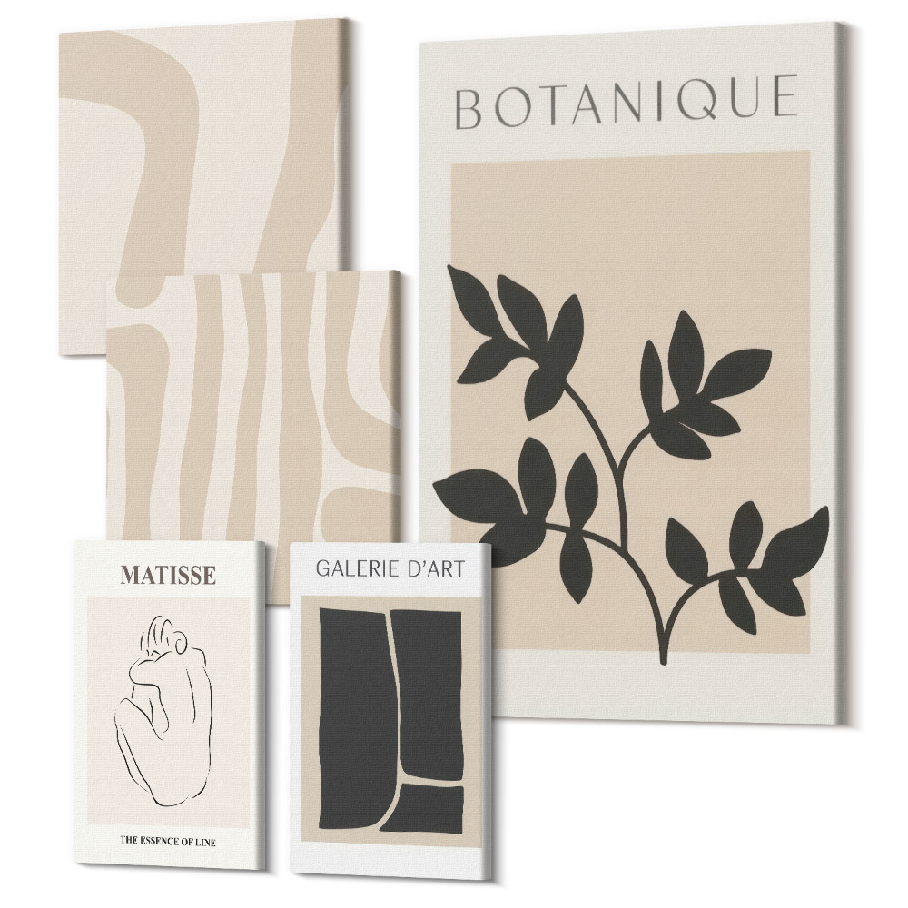 Zestaw obrazów 5 części pentaptyk Stylowe grafiki z roślinnymi motywami i abstrakcyjnymi kształtami