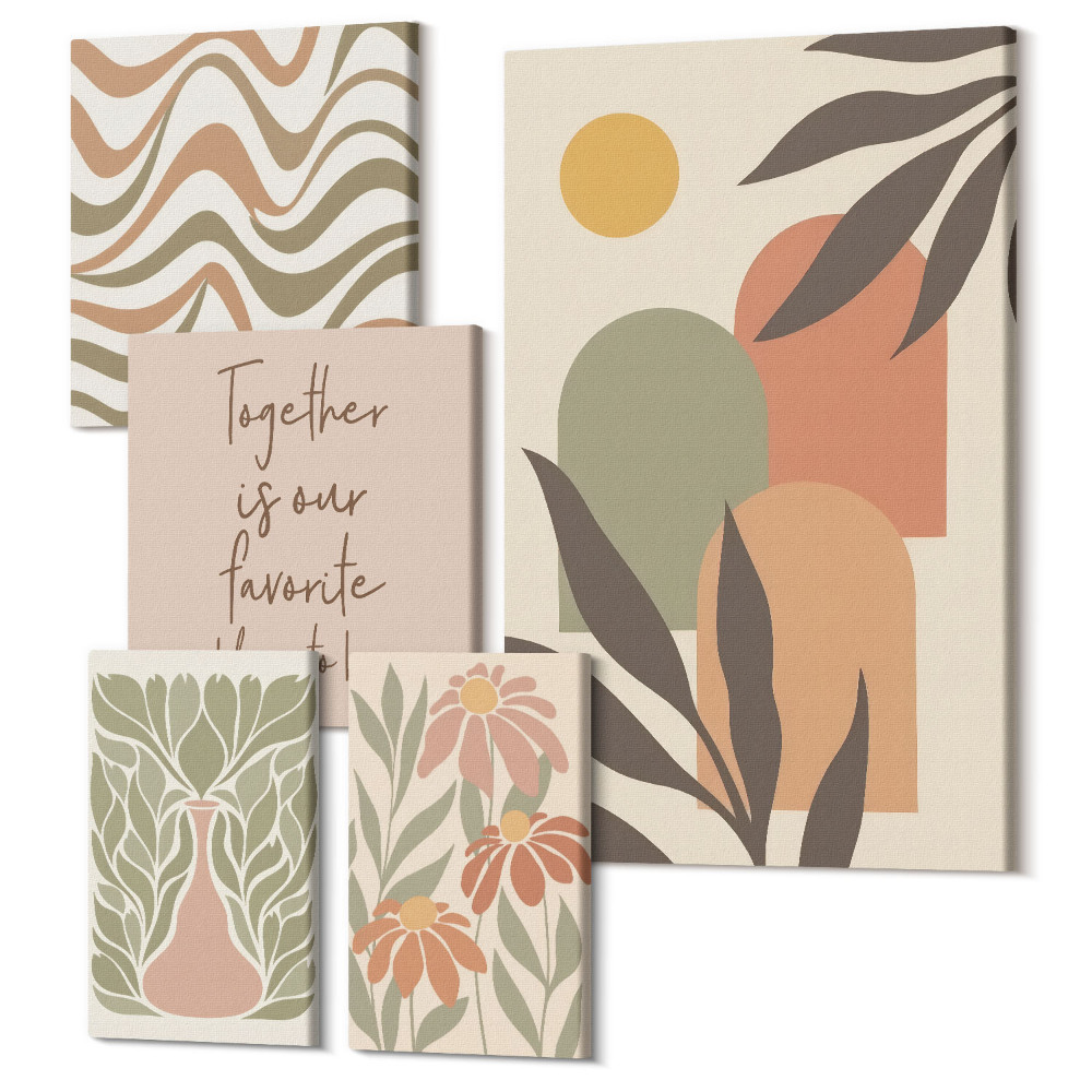 Zestaw obrazów pentaptyk na ścianę Stylowe dekoracje w pastelowych barwach z motywami roślinnymi