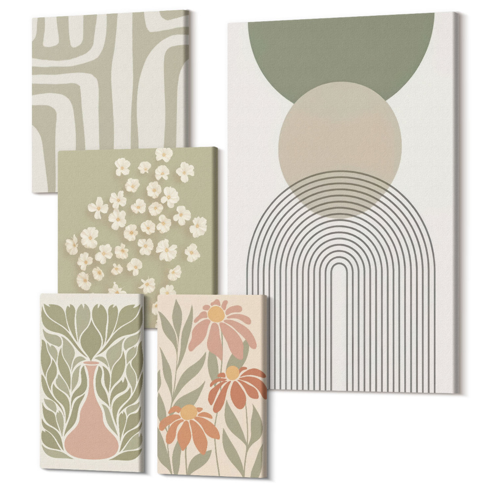 Zestaw obrazów 5 części pentaptyk Stylowe grafiki w pastelowych odcieniach z roślinnymi motywami