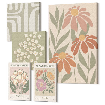 Zestaw obrazów pentaptyk na ścianę Kwiatowe motywy z rynków Londynu i Paryża w stylu boho