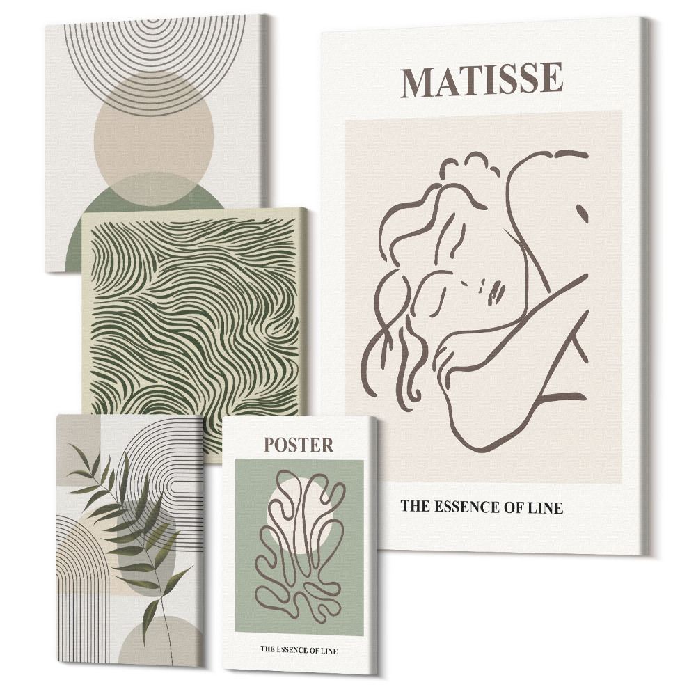 Zestaw obrazów na płótnie pentaptyk Minimalistyczne kompozycje z motywami roślinnymi i liniami