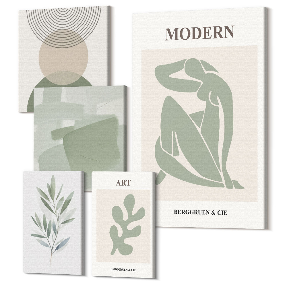 Zestaw obrazów pentaptyk na ścianę Styl nowoczesny z abstrakcyjnymi formami i roślinnymi motywami