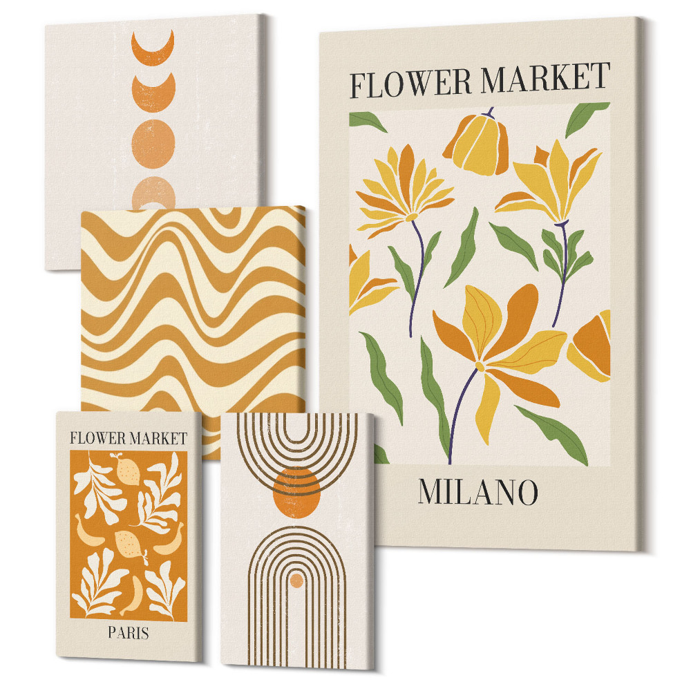 Zestaw obrazów pentaptyk na ścianę Stylowe dekoracje w motywy kwiatowe i geometryczne