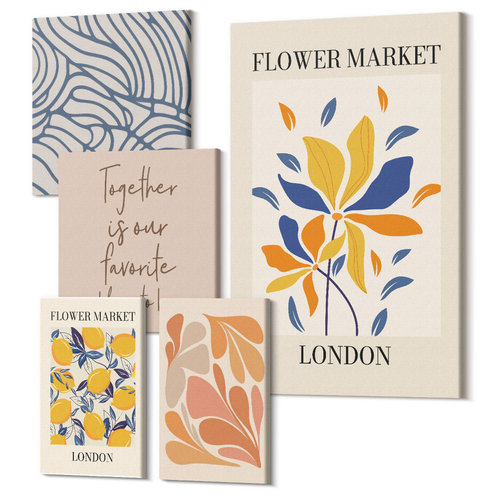 Zestaw obrazów na płótnie pentaptyk Kwiatowe motywy i stylizowane napisy z Londynu