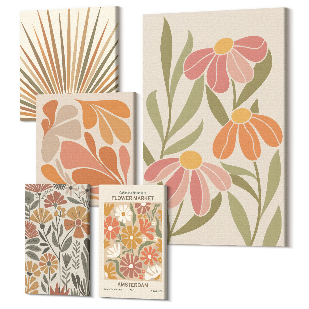 Zestaw obrazów na płótnie pentaptyk Styl boho kwiatowe motywy i geometryczne kształty