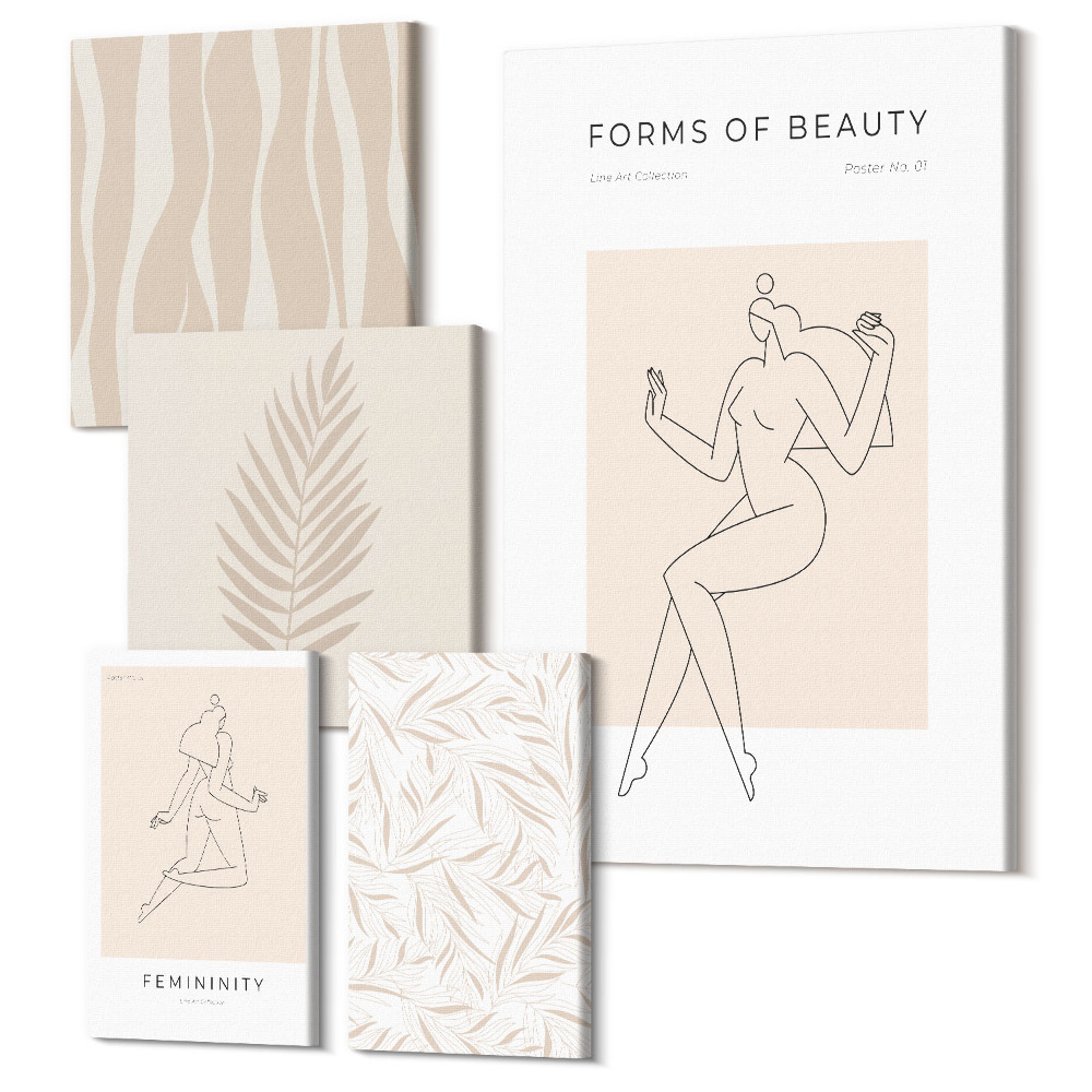 Zestaw obrazów na płótnie pentaptyk Stylowe grafiki z kobiecymi sylwetkami i roślinnymi motywami