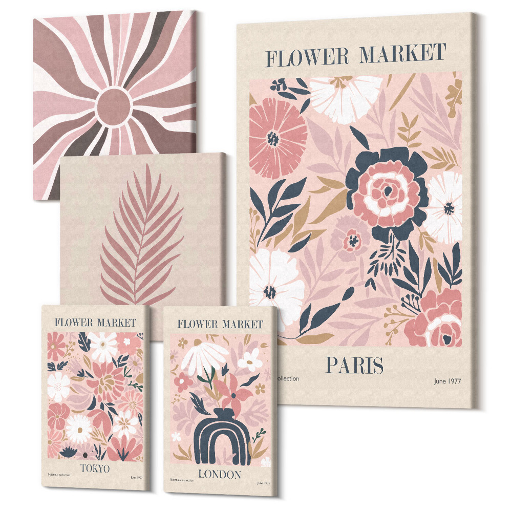 Zestaw obrazów na płótnie pentaptyk Kwiatowe rynki z miast światowych styl boho