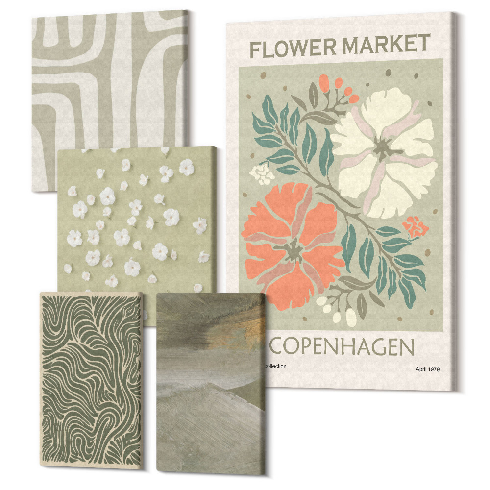 Zestaw obrazów pentaptyk na ścianę Roślinne motywy i abstrakcyjne wzory w stylu boho