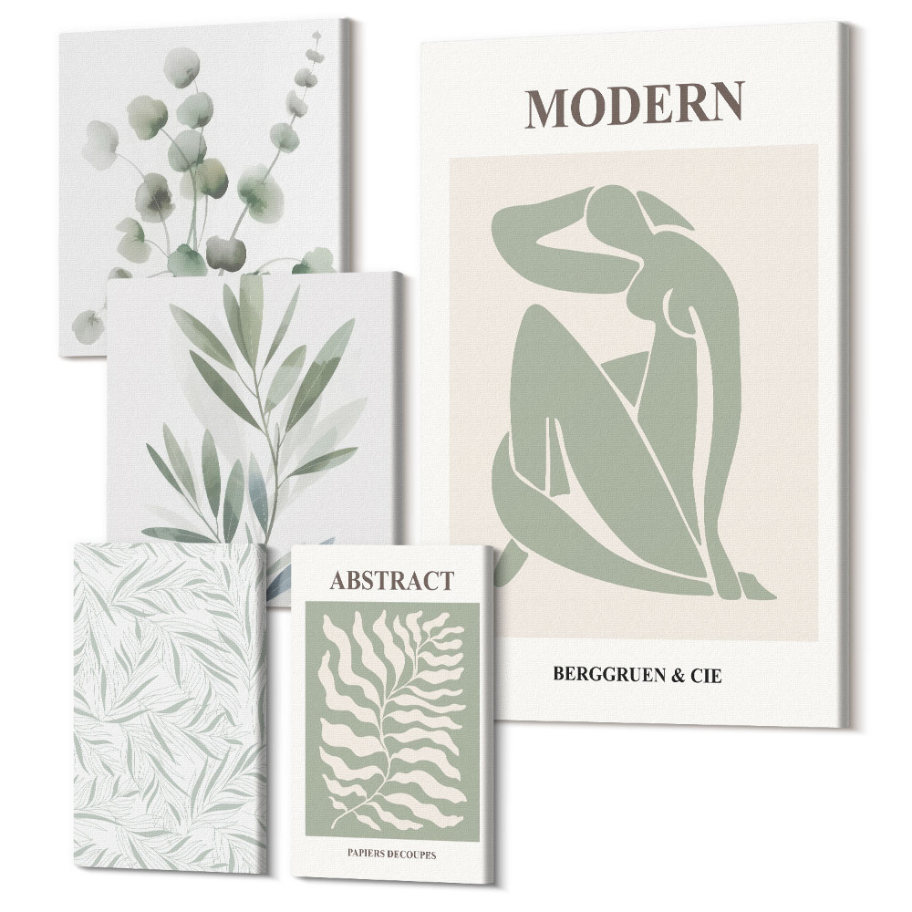 Zestaw obrazów na płótnie pentaptyk Stylowe roślinne motywy w nowoczesnej estetyce dekoracyjnej