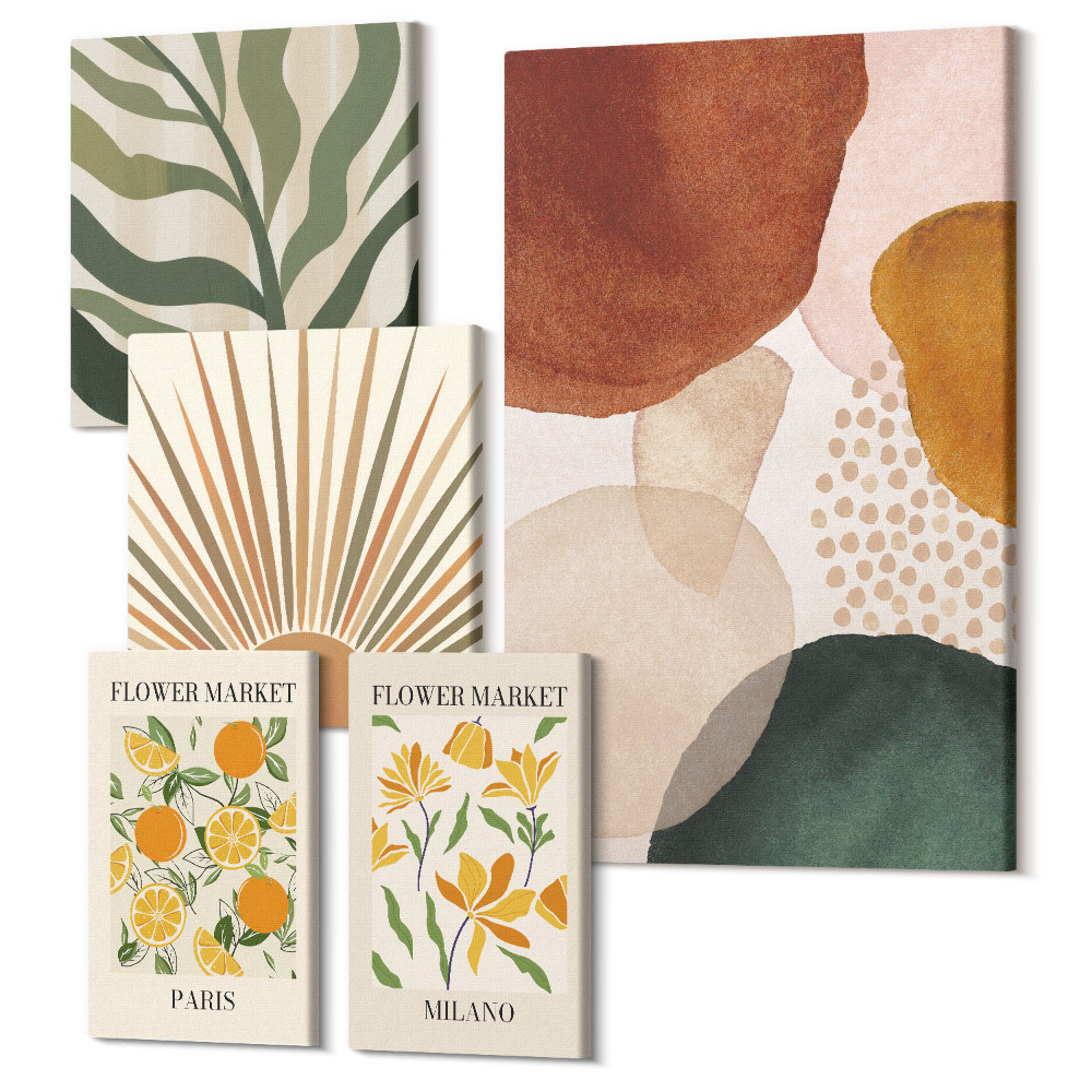 Zestaw obrazów pentaptyk na ścianę Stylowe grafiki z motywami roślinnymi i geometrycznymi