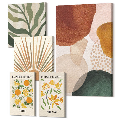 Zestaw obrazów pentaptyk na ścianę Stylowe grafiki z motywami roślinnymi i geometrycznymi