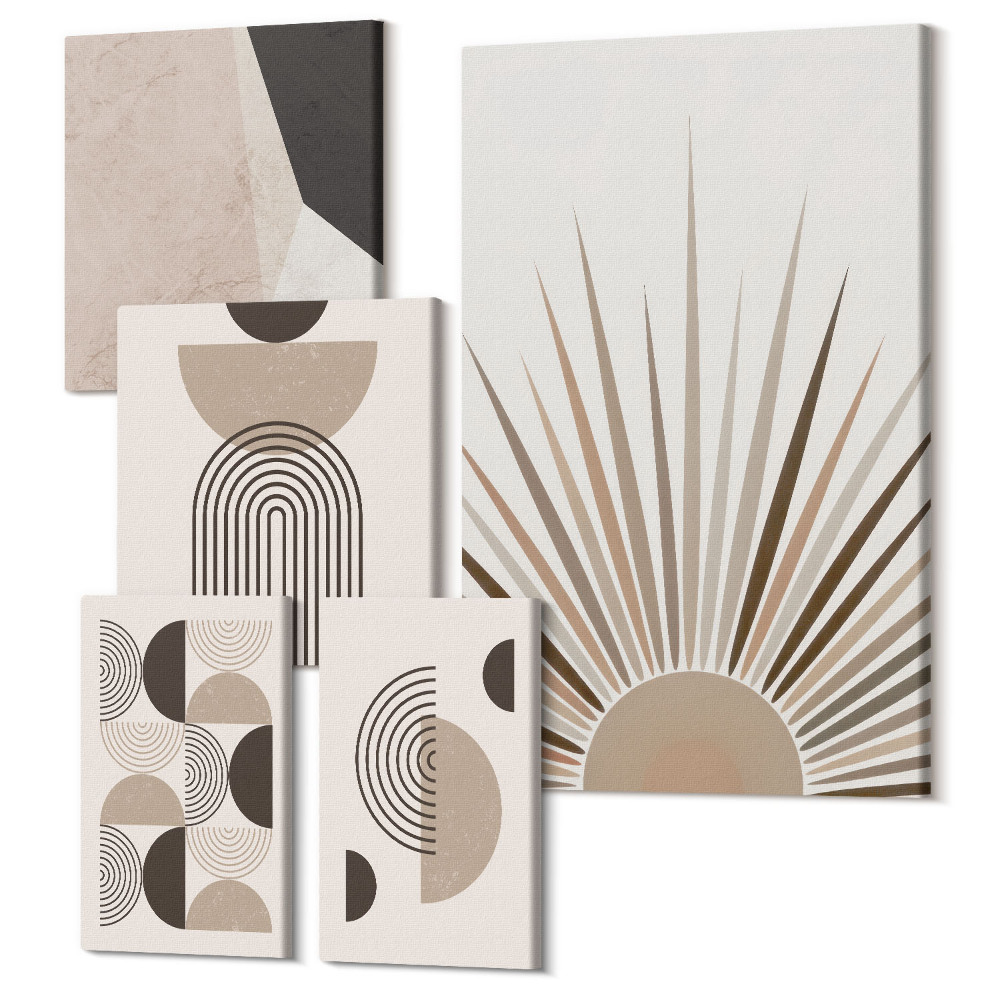 Zestaw obrazów na płótnie pentaptyk Abstrakcyjne formy geometryczne w neutralnych odcieniach