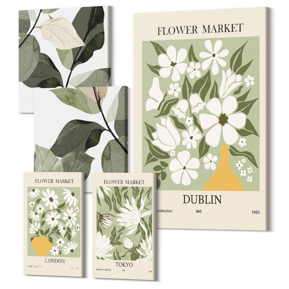 Zestaw obrazów na płótnie pentaptyk Kwiatowe motywy z rynków w Londynie Dublinie i Tokio