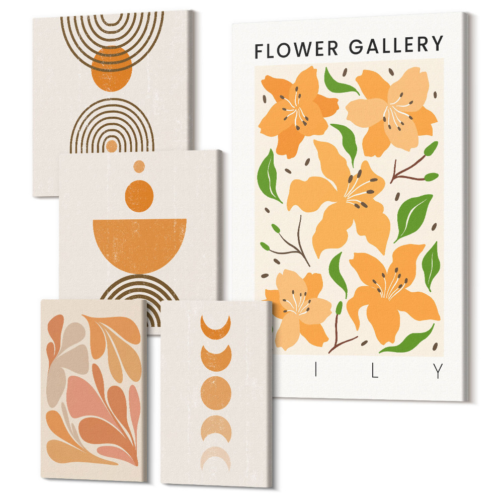 Zestaw obrazów pentaptyk na ścianę Stylowe grafiki z kwiatami i geometrycznymi wzorami