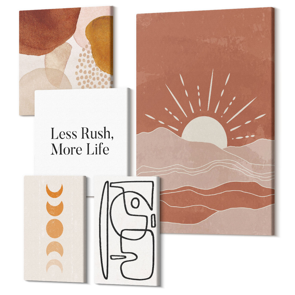 Zestaw obrazów 5 części pentaptyk Stylowe grafiki z abstrakcyjnymi kształtami i słońcem