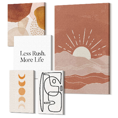 Zestaw obrazów 5 części pentaptyk Stylowe grafiki z abstrakcyjnymi kształtami i słońcem