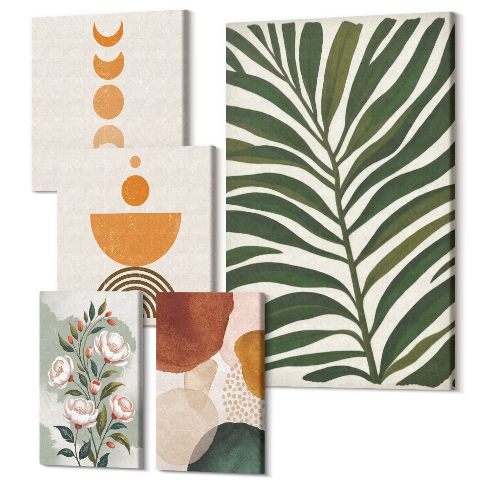 Zestaw obrazów na płótnie pentaptyk Roślinne wzory i abstrakcyjne kształty w stylu boho