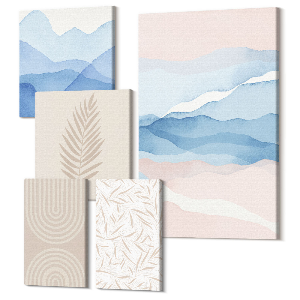 Zestaw obrazów na płótnie pentaptyk Abstrakcyjne pejzaże w pastelowych odcieniach z liśćmi