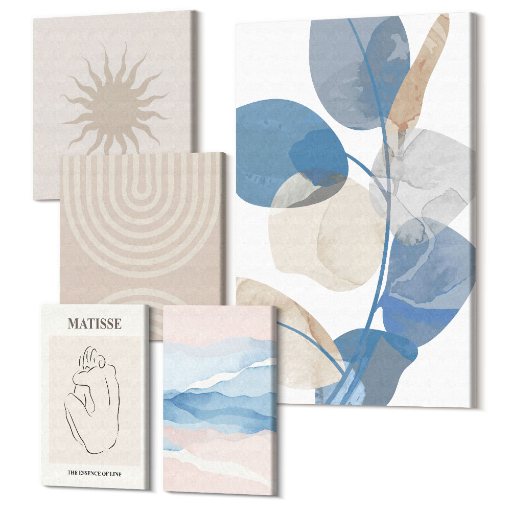 Zestaw obrazów 5 części pentaptyk Stylowe abstrakcyjne kompozycje z roślinnymi akcentami