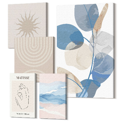 Zestaw obrazów 5 części pentaptyk Stylowe abstrakcyjne kompozycje z roślinnymi akcentami