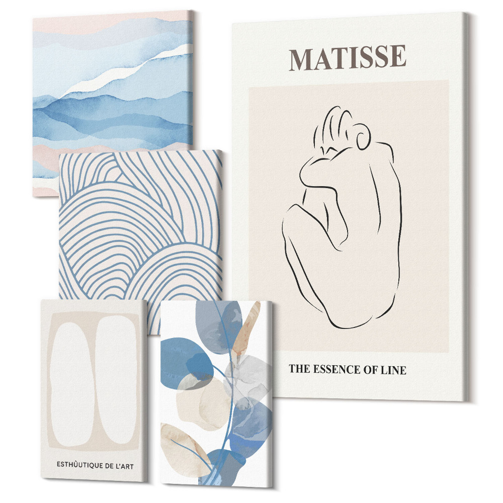 Zestaw obrazów na płótnie pentaptyk Stylowe grafiki z abstrakcyjnymi motywami i naturą