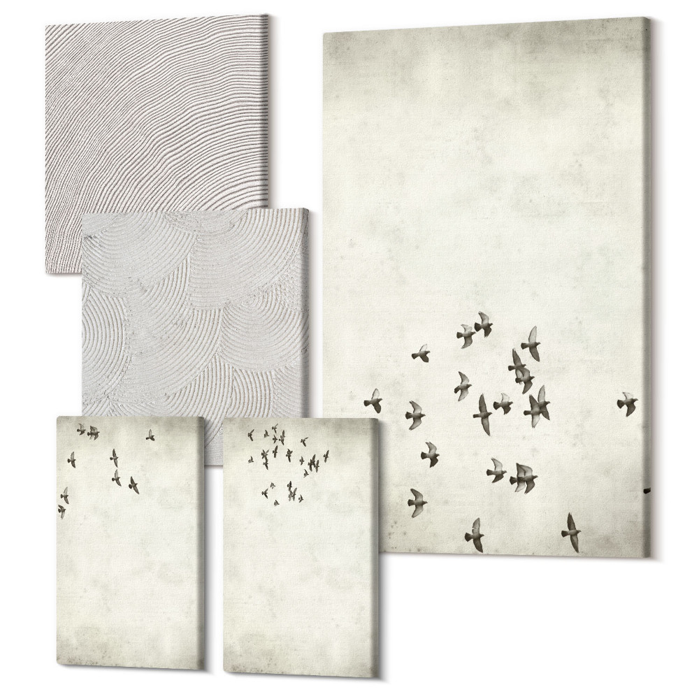 Zestaw obrazów pentaptyk na ścianę Minimalistyczny malunek lecących ptaków