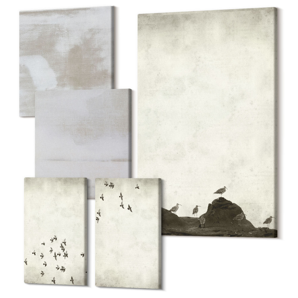 Zestaw obrazów na płótnie pentaptyk Ptaki w locie i zdarte tekstury styl minimalistyczny