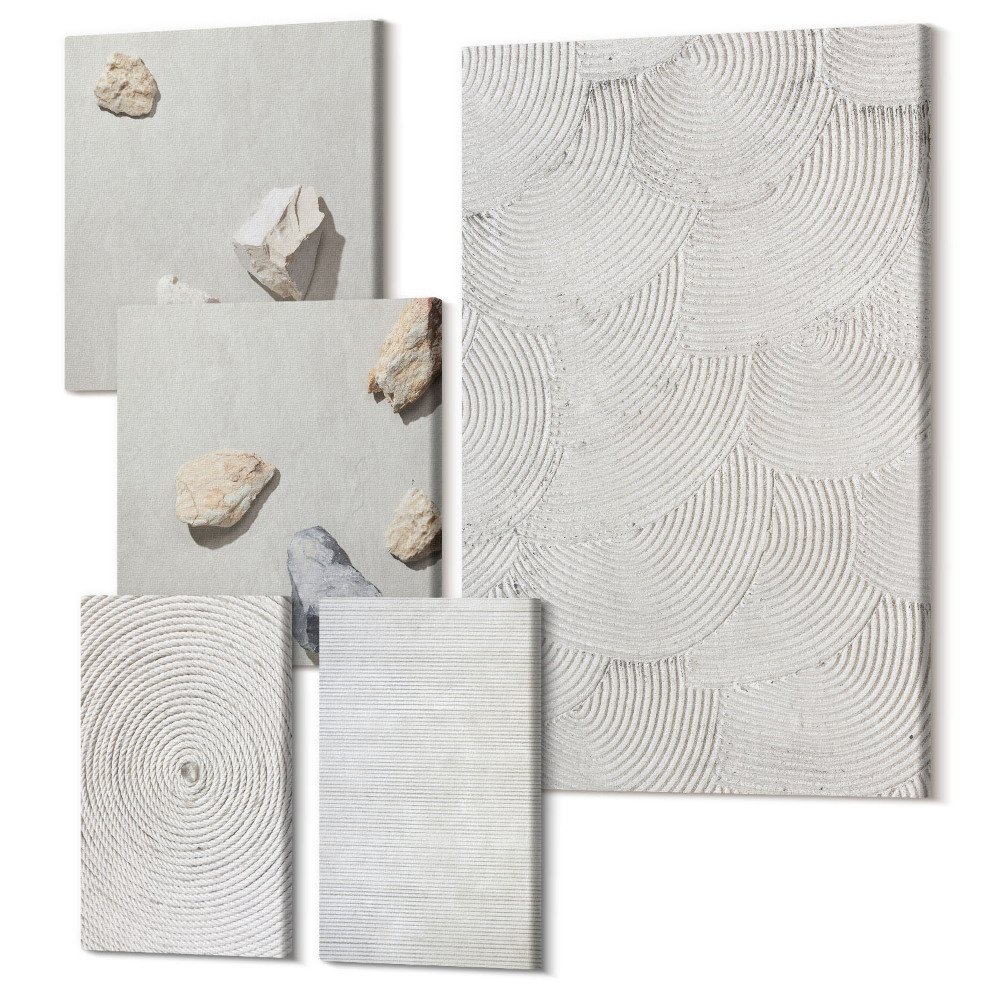 Zestaw obrazów na płótnie pentaptyk Geometryczne tektury i kamienie na piasku nowoczesne wzory