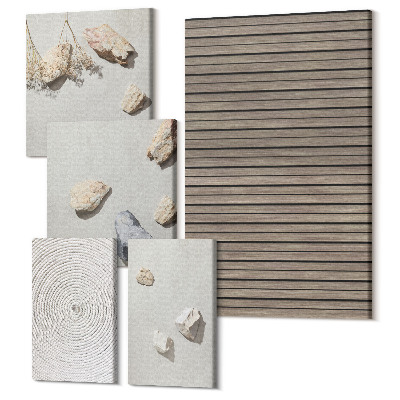 Zestaw obrazów na płótnie pentaptyk Naturalne tekstury drewno kamienie sznur