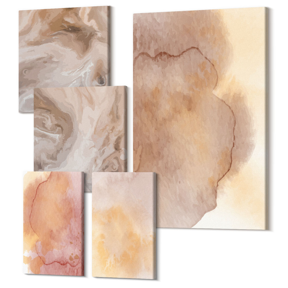 Zestaw obrazów 5 części pentaptyk Ciepłe akwarele na płótnie barwne tekstury