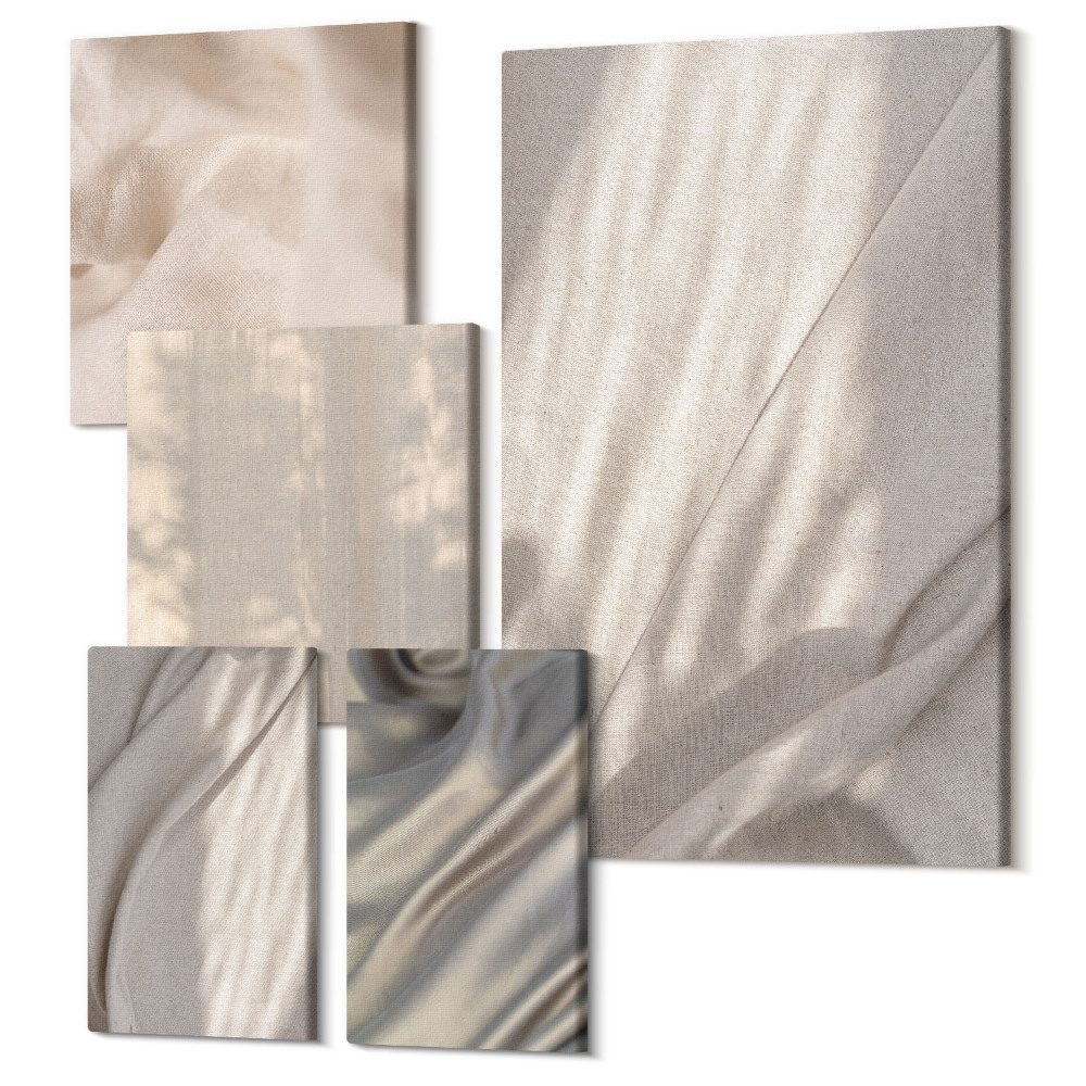 Zestaw obrazów pentaptyk na ścianę Naturalne tkaniny struktury w zbliżeniua boho