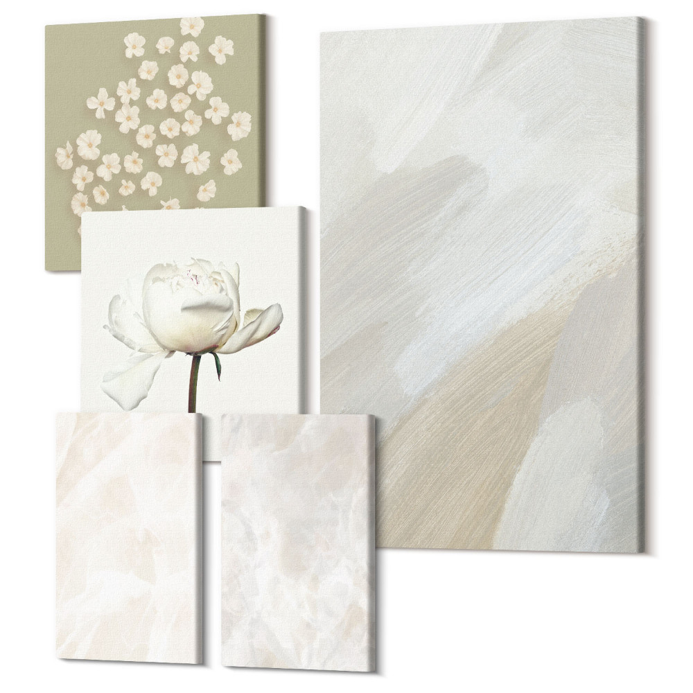 Zestaw obrazów 5 części pentaptyk Kwiaty i modne tekstury delikatny styl boho